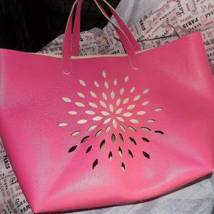 Sally's Hot Pink Leather like Tote with Flower Punch Design on Front